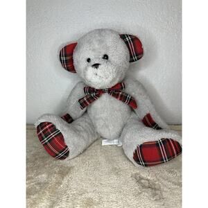 Animal Adventure Teddy Bear Plush with Plaid Paws Stuffed Animal 2017 Gray Red